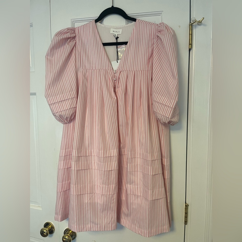 Pink Striped Puff Sleeve Dress - size S - New with tags